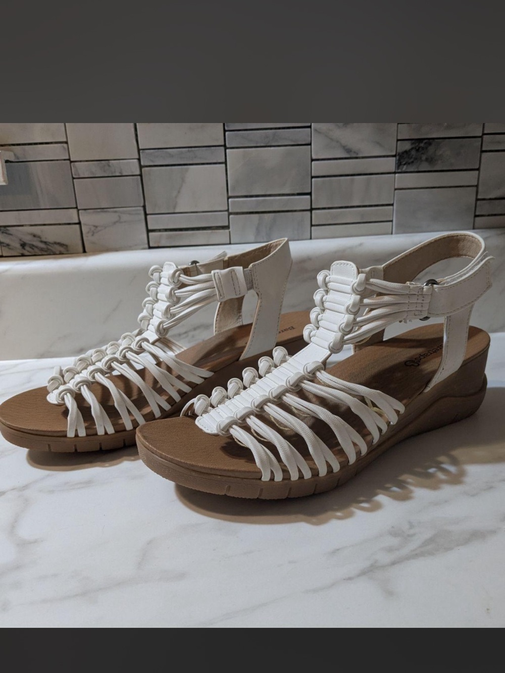 Caparros White Strappy Wedge Sandals with Braided T-Strap